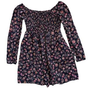 Gap Kids Floral Dress Girls XL 14/16 Navy Blue Smocked Long Sleeve Boho Square
